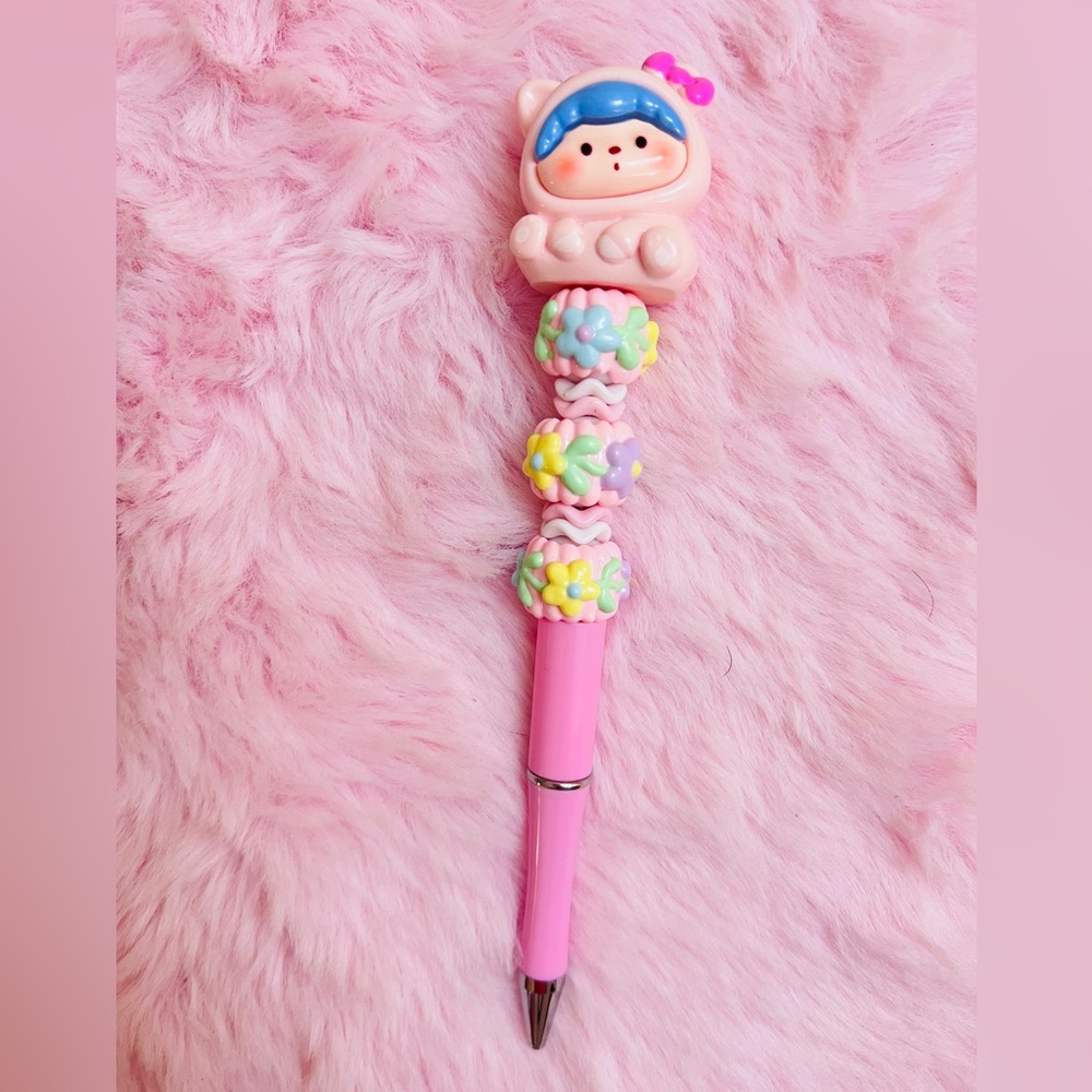 Cute Beaded Ball Pen With Pink Kitty Figure